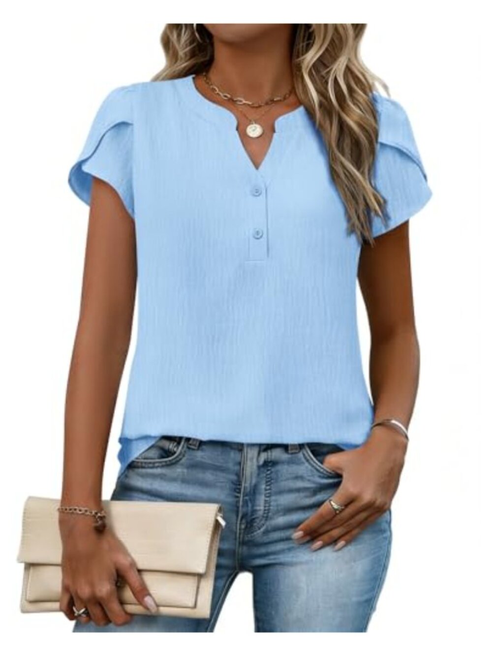 Textured Cap Short Sleeve Henley Blouse Business Casual Flowy Top